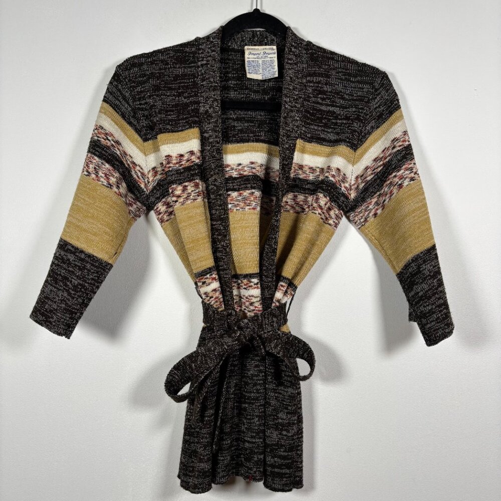 Vintage 70s Striped Cardigan Sweater Belted Cream Brown Boho western Size Xs - Picture 2 of 7